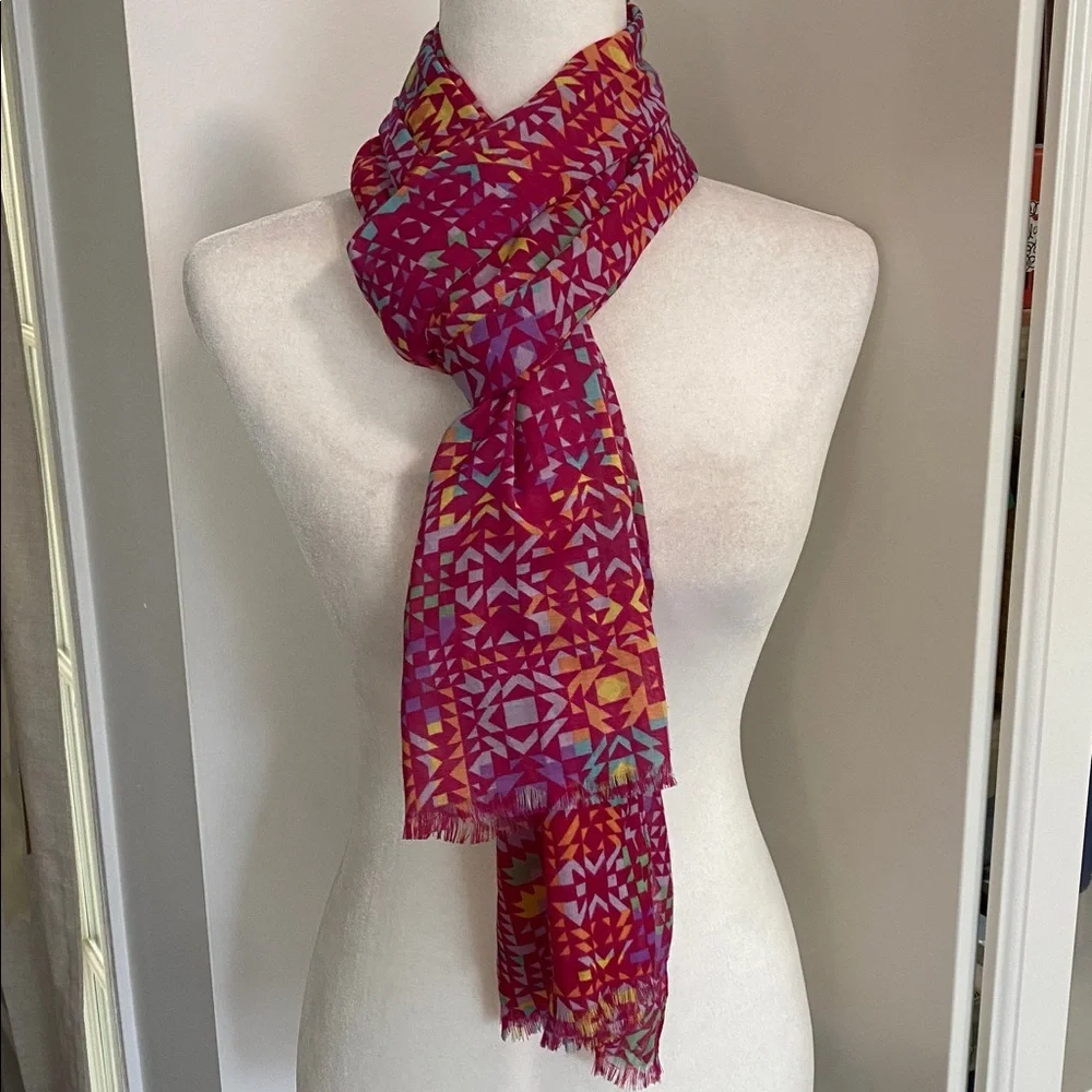 Magenta Pink Geometric Color Block Abstract Floral Oblong Scarf Lightweight